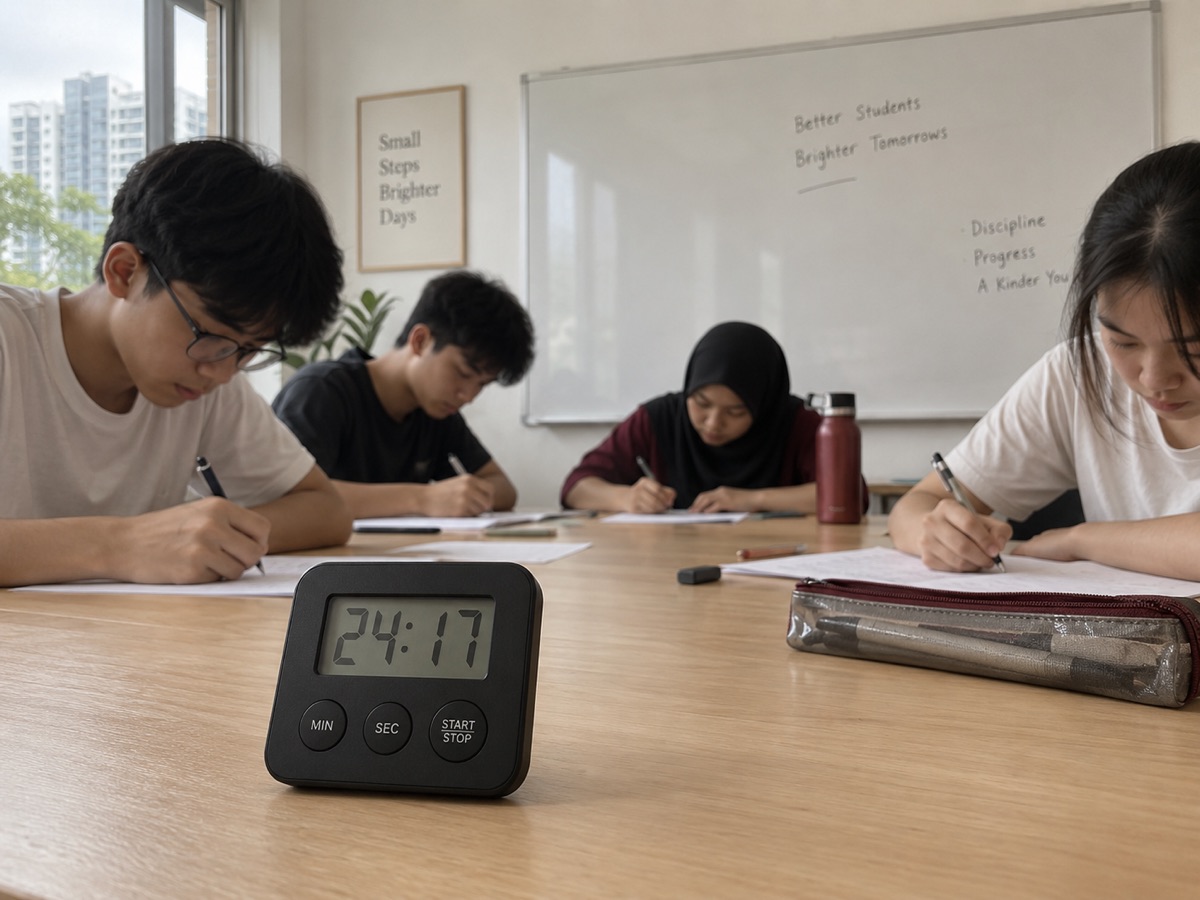 A countdown timer on the table while students write a timed paper