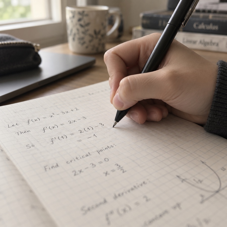A student's hand writing differentiation working on graph paper